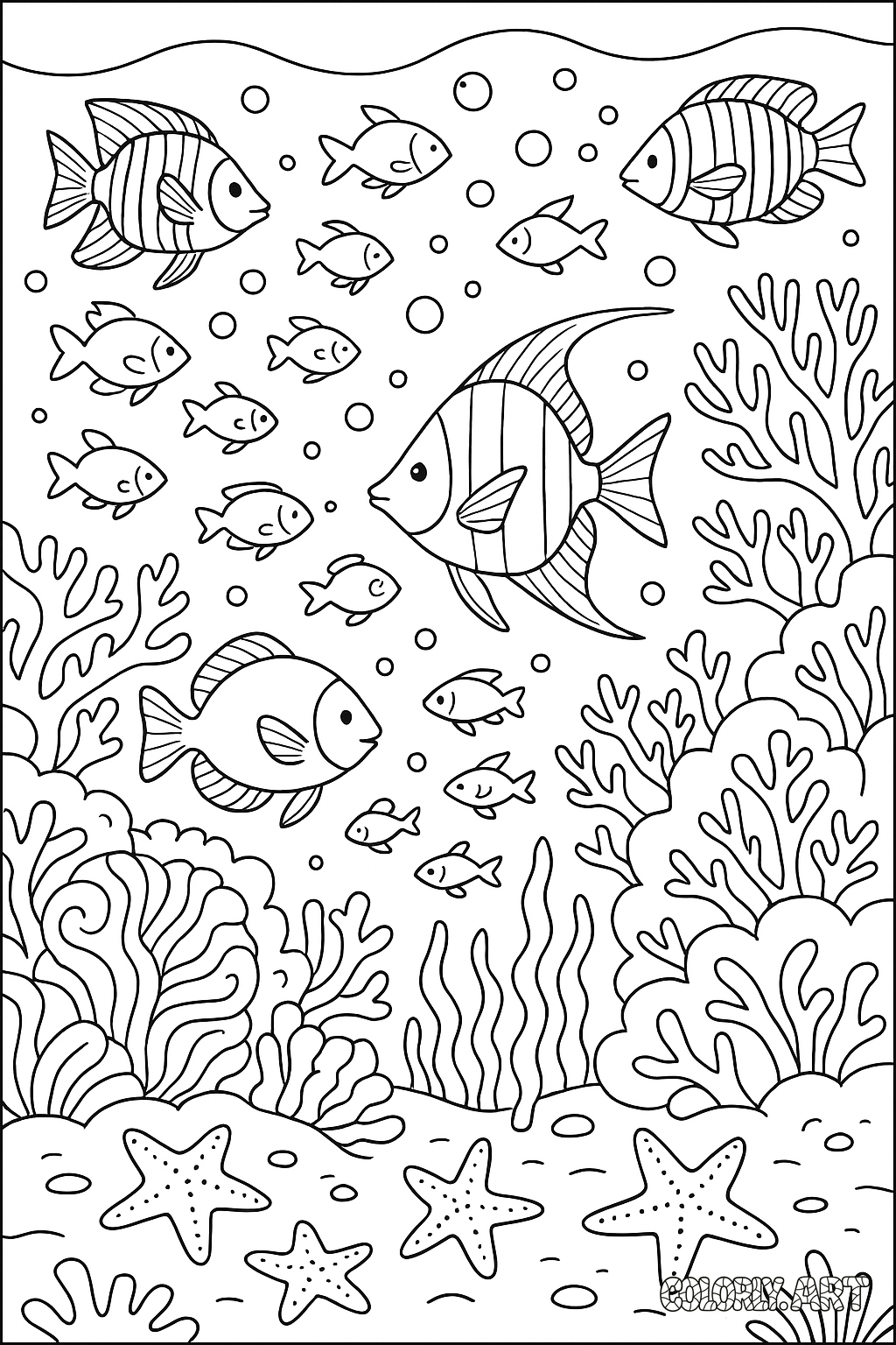 coloring book image of a busy coral reef with lots of reef fish and angel and star fishColoring Book Page Coloring Scene Image Colorly.art 
